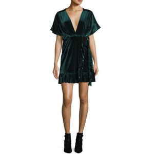 MISA L.A. Green Velvet Shortsleeve Knee Length ALine Dress Wrap V-Neck Tie Flare